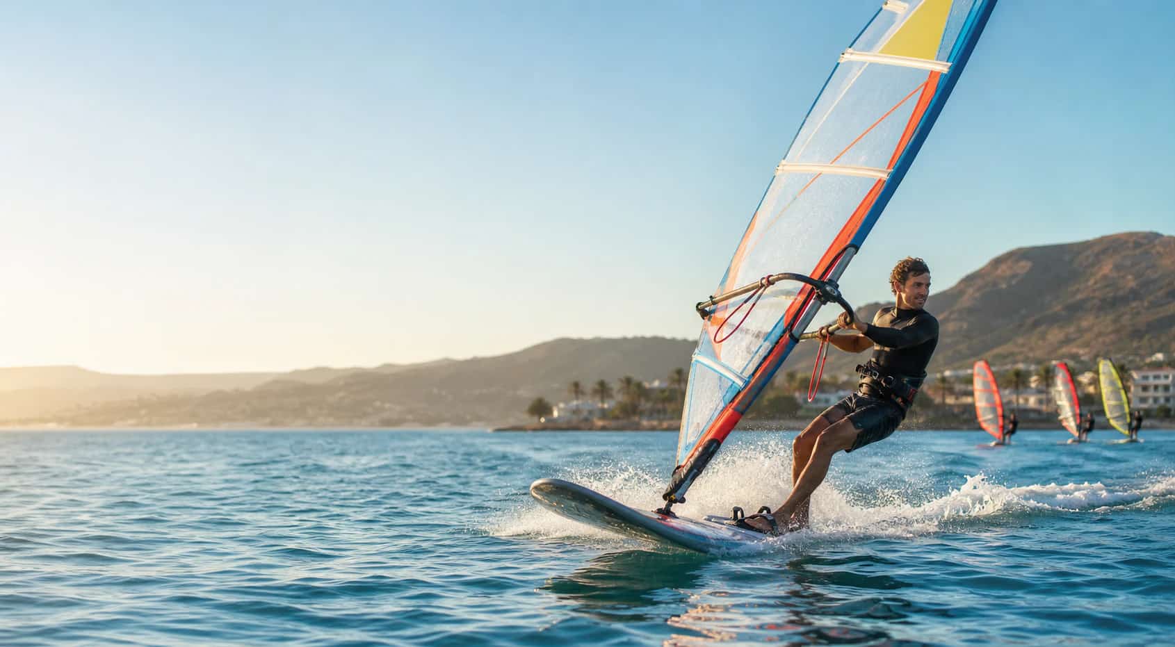 Windsurfer riding in clear coastal water